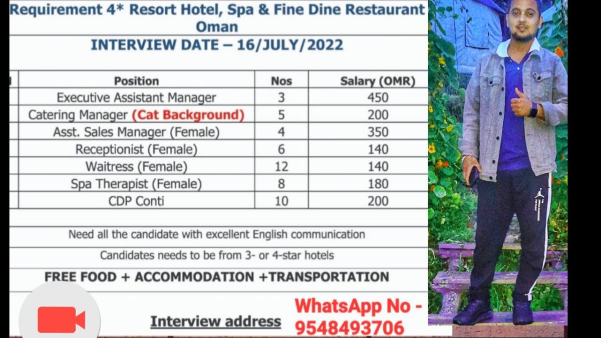 Oman Job Requirements 4 star hotel & Fine dine Restaurant || Latest Job Hiring 16/JULY/2022